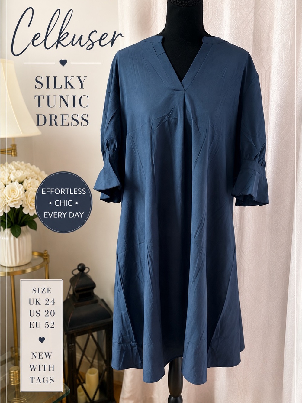Navy Blue Silky Tunic Dress - V-Slit, Ruffle Cuff